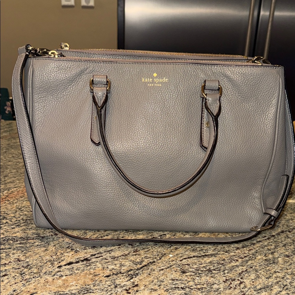 kate spade Gray Pebbled Leather Satchel with Gold Hardware 15”wide 11”tall